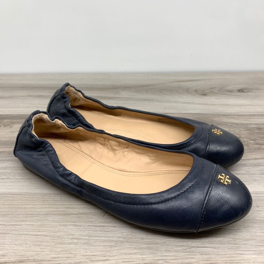 TORY BURCH York Ballet Flat Mestico‎ Saffiano Leather Navy Blue Size 5.5 M